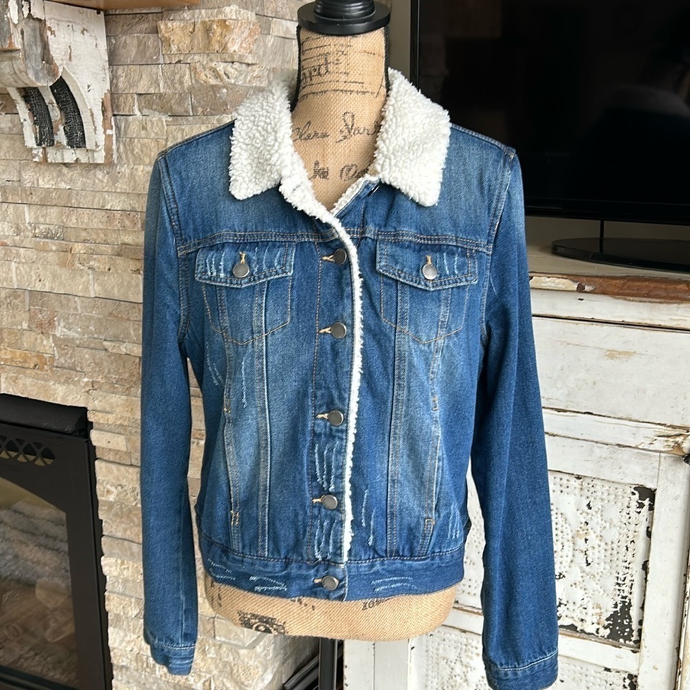 Ashley Vintage Charm sherpa lined distressed blue jean button close jacket